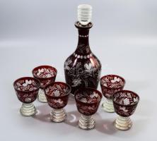 Bordón pácolt csiszolt mintás kristályüveg boros készlet, dugós kiöntő m: 31 cm és 6 darab pohár m: 10,5 cm, hibátlan.