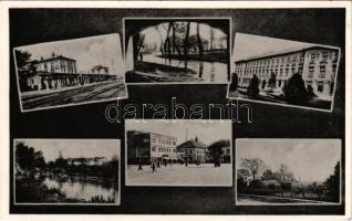 1938 Érsekújvár, Nové Zámky; mozaiklap vasútállomással / multi-view postcard with railway station