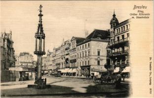 Wroclaw, Breslau; Ring, Grüne Röhrseite m. Staubsäule / square, tram, shops of Stüssmann, Barasch Br...