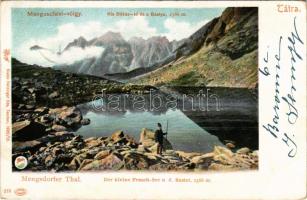 Tátra, Magas-Tátra, Vysoké Tatry; Menguszfalvi-völgy, a nagy Béka tó az Ökörháttal. Feitzinger Ede 1902/12. 274. / valley, lake, hiker (EK)