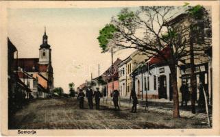 Somorja, Csallóköz-Somorja, Somorin, Samorín; Fő utca, templom, Kranzinger Nándor üzlete és saját kiadása / main street, church, shop (EK)