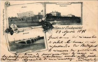 1898 (Vorläufer!!) Érsekújvár, Nové Zamky; kórház, vasútállomás, Nyitra híd. Mayer fényképész kiadása / hospital, railway station, bridge. Art Nouveau, floral (lyukak / pinholes)