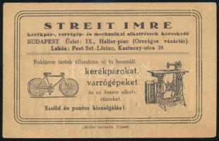 cca 1929 Bp. IX. Haller-piac, Streit Imre Pestszentlőrinci kerékpár- és varrógép-kereskedő igazolása gyermekkerékpár eladásáról, hátoldalon reklámjával