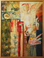 Magyar József (1957-): Angyalok. Olaj, vászon, jelzett. Hátoldalán autográf felirattal. Dekoratív, kissé kopott fakeretben. 120x90 cm. KIZÁRÓLAG SZEMÉLYES ÁTVÉTEL, NEM POSTÁZZUK! / ONLY PERSONAL COLLECTION AT OUR OFFICE!