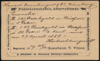 1887 Rosenbaum V. Vilmos nagyváradi (Erdély) papírkereskedő, könyvnyomdász ajánlatkérése Nürnbergbe ...