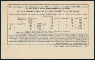 1930 54. Magyar Királyi Állami Sorsjáték egész sorsjegye, szép állapotban