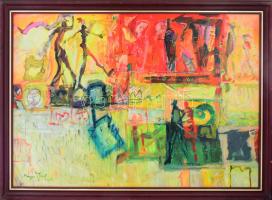 Magyar József (1957-): Színes társaság. Akril, pasztell, farost, jelzett. Dekoratív, kissé kopott fakeretben. 70x100 cm. KIZÁRÓLAG SZEMÉLYES ÁTVÉTEL, NEM POSTÁZZUK! / ONLY PERSONAL COLLECTION AT OUR OFFICE!