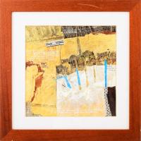 Ajtai Tamás (1952-): Kelléktár 1. Vegyes technika, kollázs, farost, jelzett. Hátoldalán a művész címkéjével. Dekoratív, üvegezett, kissé kopott keretben. 26,5x26,5 cm.