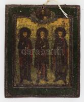 Ikon három szent ábrázolásával. Festett fém lemez, fa alapon, orosz, cca 20. sz. eleje, kopott, 18x14,5 cm