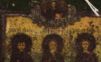 Ikon három szent ábrázolásával. Festett fém lemez, fa alapon, orosz, cca 20. sz. eleje, kopott, 18x1...
