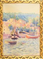 Dr Pécsi János (1885-?): Kikötő vitorlásokkal. Akvarell, papír, jelzés nélkül, üvegezett fakeretben, 40×30 cm