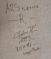 Győri István (1957-): Ars poetica, 1993. Vegyes technika, vászon, jelzett a hátoldalán. 70x47 cm