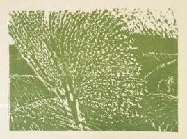 Somlai Vilma (1938-2007): Virágzás. Linómetszet, papír, jelzett. Hátoldalán a művész pecsétjével és törésnyomokkal. 36,5×51 cm