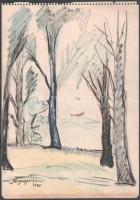 Nyergesi János (1895-1982): Táj, 1940. Tus, akvarell, papír, jelzett. Lapszéli apró szakadással. 33,5x23,5 cm.