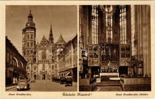 Kassa, Kosice; Szent Erzsébet dóm, főoltár, belső, automobilok. Dohánynagyáruda kiadása / dom, cathedral, main altar, interior, automobiles (EK)