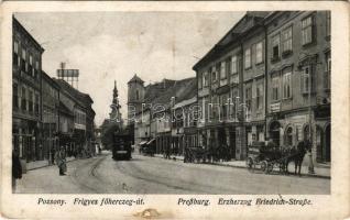 1918 Pozsony, Pressburg, Bratislava; Frigyes főherceg út, Mahr Károly üzlete / Erzherzog Friedrich-Straße / street view, tram, shops (Rb)