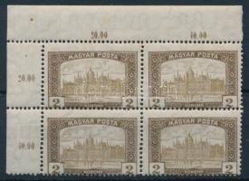 1919 Magyar Posta 2K ívsarki négyestömb erősen elfogazva, 1 bélyeg falcos
