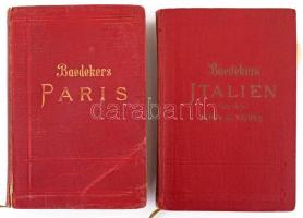 2 db Baedeker útikalauz:  Karl Baedeker: Italien von den Alpen bis Neapel. Kurzes Reisehandbuch. Leipzig, 1931, Karl Baedeker, XL+492 p. Német nyelven. Térképekkel, kihajtható térképekkel illusztrált. Kiadói aranyozott egészvászon-kötés, festett lapélekkel, két térkép kijár, benne 1936-os belépőjeggyel.;  Karl Baedeker: Paris. Nebst Einigen Routen Durch Das Nördliche Frankreich. Handbuch für Reisiende. Leipzig, 1912, Verlag von Karl Baedeker, XLVIII+470 p. 18. kiadás. Német nyelven. Kihajtható térképekkel illusztrált. Kiadói aranyozott egészvászon kötés, festett lapélekkel, kopott borítóval, a gerincen kis sérüléssel, egy térkép kijár.;