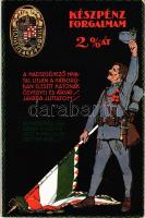 "Készpénz forgalmam 2%-át a hadsegélyező hivatal útján a háborúban elesett katonák özvegyei és árvái javára juttatom" A M. Kir. Honvédelmi Minisztérium Hadsegélyező Hivatalának kiadása / WWI Austro-Hungarian K.u.K. military art postcard, patriotic propaganda, support fund (EK)