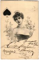 1902 Francia kártya, pikk, hölgy montázs / French card, Pikes, lady montage (b)