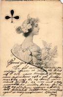 1902 Francia kártya, treff, hölgy montázs / French card, club, lady montage (b)