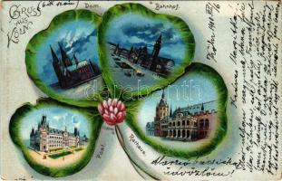 1900 Köln, Dom, Bahnhof, Post, Rathaus. Verlag von Max Victor, E. Schlemo 98./ cathedral, railway station, post office, town hall. Art Nouveau, litho frame with clovers (pinhole)