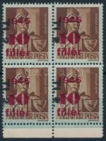 1946 Betűs Tl.2./10f/4f ívszéli négyestömb, elcsúszott felülnyomásokkal