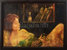 Olvashatatlan jelzéssel: Elvira bűvös kockával. Olaj, vászon. 58x76,5 cm. Fakeretben.