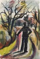 Nyergesi János (1895-1982): Séta, 1928. Tus, akvarell, papír, jelzett. 44,5x30,5 cm.