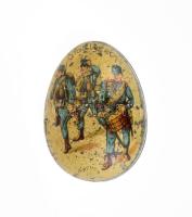 cca 1920 Magyar Automata-gyár és kölcsönző Stolwerck cukortartó fém tojás, I. világháborús katonák ábrázolásával, jelzett, kopással, m: 5 cm