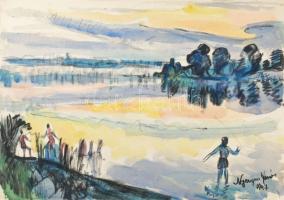 Nyergesi János (1895-1982): Élet a vízparton, 1947. Tus, akvarell, papír, jelzett. 30,5x43 cm.