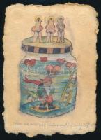 ef.Zámbó (efZámbó) István (1950-): Törpe halpuszival. Computer print, merített papír, jelzett, próbanyomat, a művész és Vincze Papírmerítő Műhely szárazbélyegzőjével, 21x15 cm