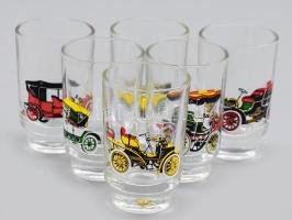 6 darab régi autók mintáival díszített felespohár, m: 7 cm