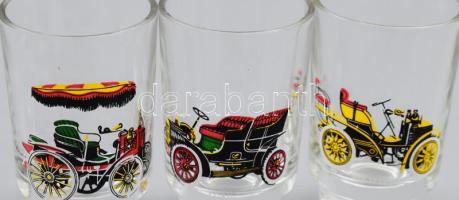 6 darab régi autók mintáival díszített felespohár, m: 7 cm