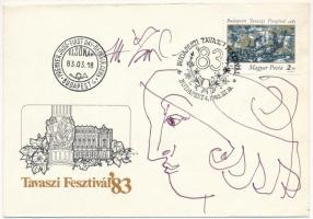 Szász Endre (1927-2003) saját kezű rajza a Budapesti Tavaszi Fesztivál borítékján, First Day bélyegzéssel, fesztivál bélyegzéssel, Szász Endre grafikás bélyeggel.