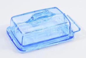 Kéken színezett vajtartó, jelzés nélkül, pattogzással, 19x11 cm