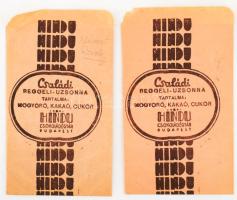 cca 1930 Hindu Csokoládégyár 2 darab reklám papírtasakja, 15x9 cm
