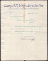 1910 Lampel R. Könyvkereskedése (Wodianer F. És Fiai) Rt. fejléces levele, hajtott, pecséttel aláírással.