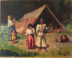 Csóka István (1897-1989): Táborozók. Olaj, rétegelt falemez, jelezve balra lent. Kisebb felületi sérülésekkel (repedésekkel a hordozón). Vetemedett. 40×50,5 cm