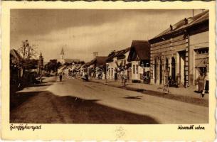 1940 Bánffyhunyad, Huedin; Kossuth utca, templom. Ábrahám kiadása / street view, church (EK)