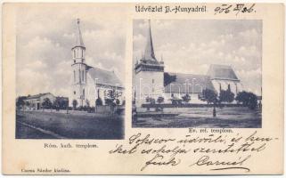 1906 Bánffyhunyad, Huedin; Római katolikus templom, Református templom. Csoma Sándor kiadása / Catholic church, Calvinist church (fl)