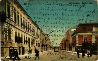 Temesvár, Timisoara; Dózsa utca, villamos. Pátria könyvkereskedő és nyomda kiadása / street view, tram (EB)