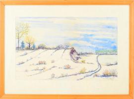 Trojan Marian József (Józef) (1931-2016): Téli táj, 1992. Akvarell, papír, jelzett, 24×39 cm. Üvegezett fakeretben.