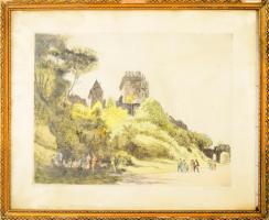 Zádor István (1882-1963): Kirándulók Visegrádon. Színezett rézkarc, papír, jelzett. Kissé foltos. Üvegezett, kissé sérült fakeretben. 29,5×38,5 cm