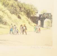 Zádor István (1882-1963): Kirándulók Visegrádon. Színezett rézkarc, papír, jelzett. Kissé foltos. Üv...