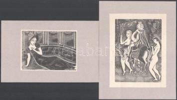 Léonard Tsuguharu Foujita (1886-1968), 2 db grafika: Ifjú hölgy portréja és a király és kísérete. Fametszet, papír. Jelzés nélkül. Papírra kasírozva. 8,5x11,5 és 13,5x10 cm