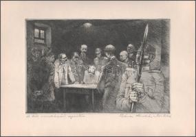 Sáros András Miklós (1945-): A két munkáspárt egyesülése. Rézkarc, papír, jelzett, 19,5×29,5 cm