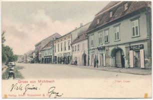 Szászsebes, Mühlbach, Sebesul Sasesc, Sebes; Petri-Gasse / Petri utca, gyógyszertár, Michael Theil, Michael Gündisch, Adolf Weissörtel és Társa üzlete és saját kiadása / street view, pharmacy, publisher's shop (apró szakadás / tiny tear)