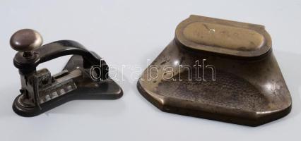 Íróasztali tolltartó egy porcelán betéttel és egy tűzőgép