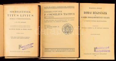 3 db tankönyv: Szemelvények Titus Livius római történetéből. A II. pún háború. Szerk. és magyarázatokkal ellátta: Kalmár Elek és Édes Jenő. Bp., [1928], Franklin-Társulat. Félvászon-kötésben, helyenként kissé foltos lapokkal. + Szemelvények P. Cornelius Tacitus műveiből. A gimnáziumok, reálgimnáziumok és leánygimnáziumok VIII. osztálya számára. Magyarázta: Reibner Márton. Bp., [1931], Kir. M. Egyetemi Nyomda. Félvászon-kötésben, néhány kissé foltos lappal. + Wagner József: Római régiségek és a római irodalomtörténet vázlata a tanuló ifjúság használatára. Átdolgozták: Gaál László és Oszvald Arisztid. Bp., 1937, Franklin-Társulat. Félvászon-kötésben, néhány kissé foltos lappal.